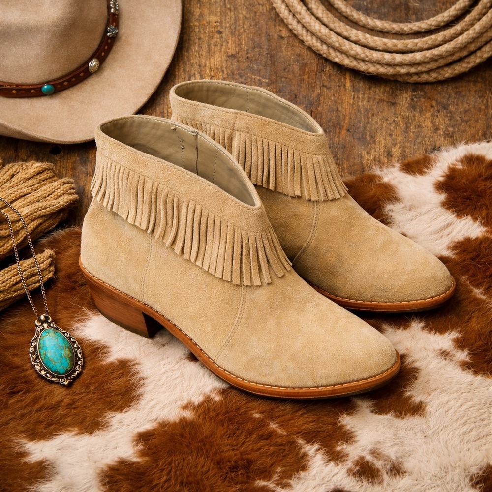 Joie Makena Suede Western Ankle Boots Tan Beige Fringe Size 36.5